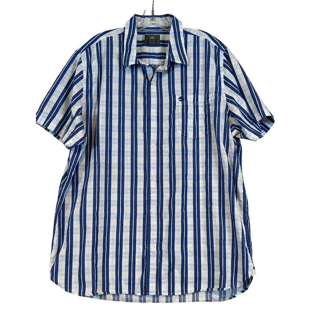 Timberland Mens XL Blue White Striped Short Sleeve Button Down Shirt Regular Fit